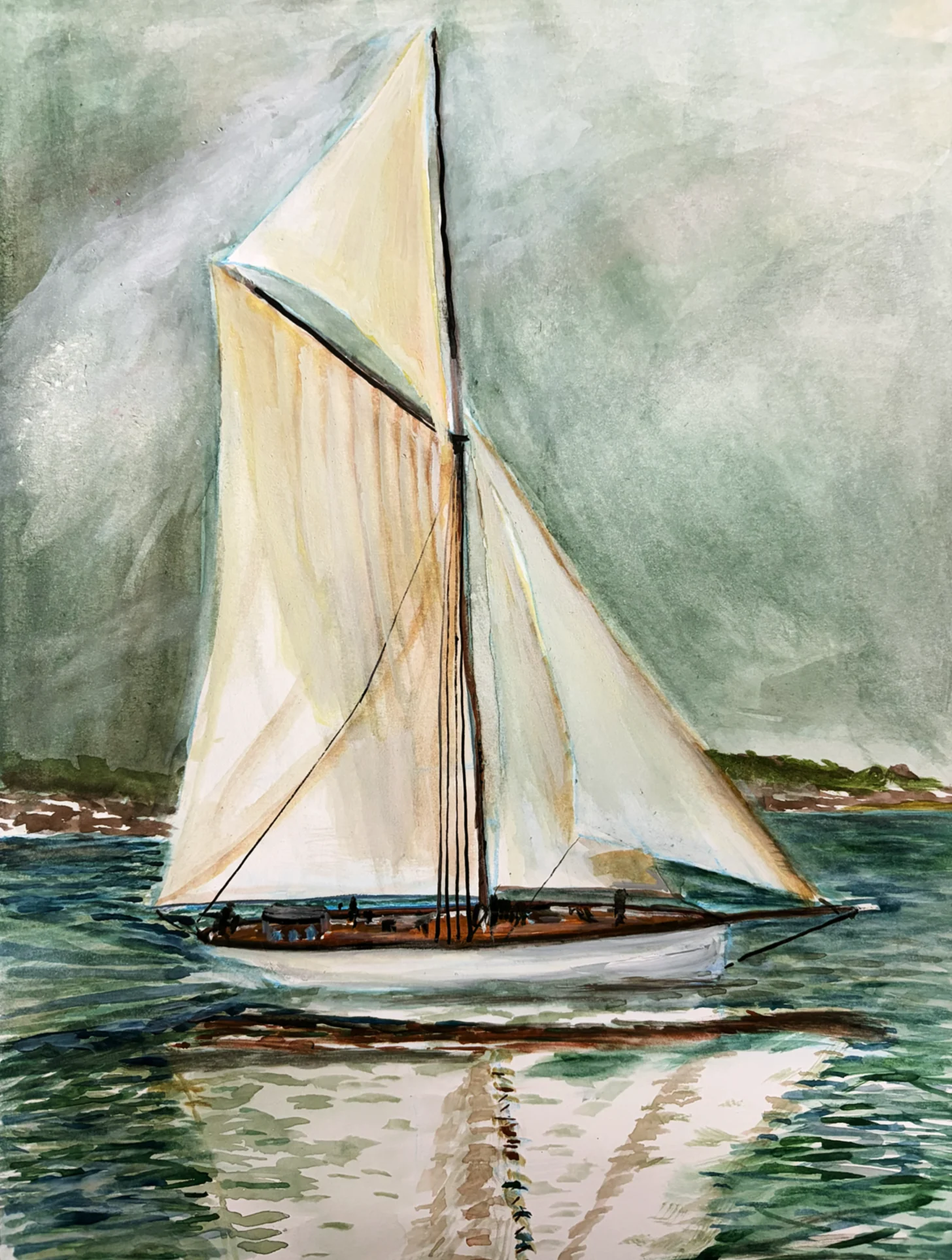 Cutter — a white-hulled gaff cutter under full sail, crew on deck, passing a low shore of trees and rock under a grey-green sky, her sails reflected in the green water; an original watercolor by Zach Barkin