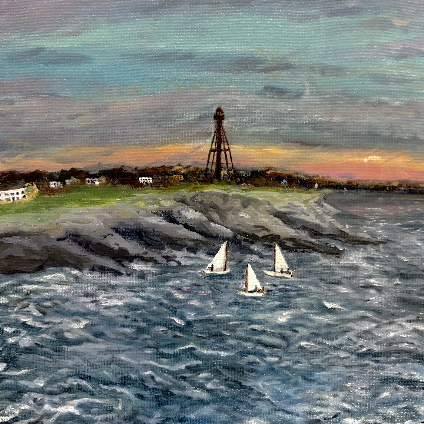 Marblehead Dinghies — three dinghies sailing past the iron light tower on Marblehead Neck at sunset, an original oil painting