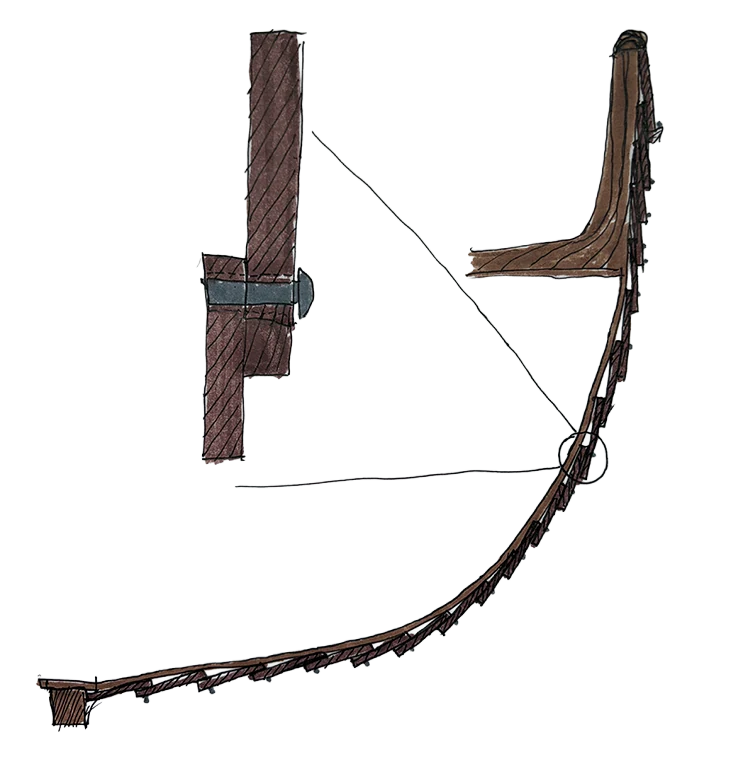 Ink diagram: a riveted clinker lap in detail, and the run of a lapstrake hull from keel to stem