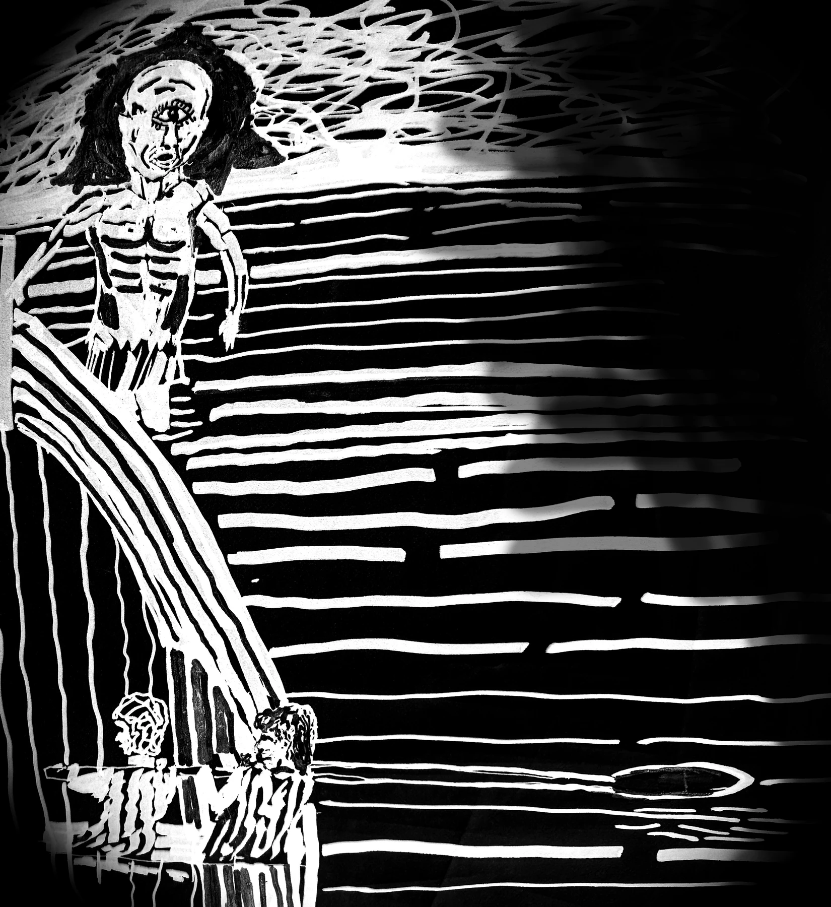 Ink on black: a one-eyed, skeletal figure looms at the head of a ribbed ledge, while two small men crouch at its foot, facing him, with the sea beyond