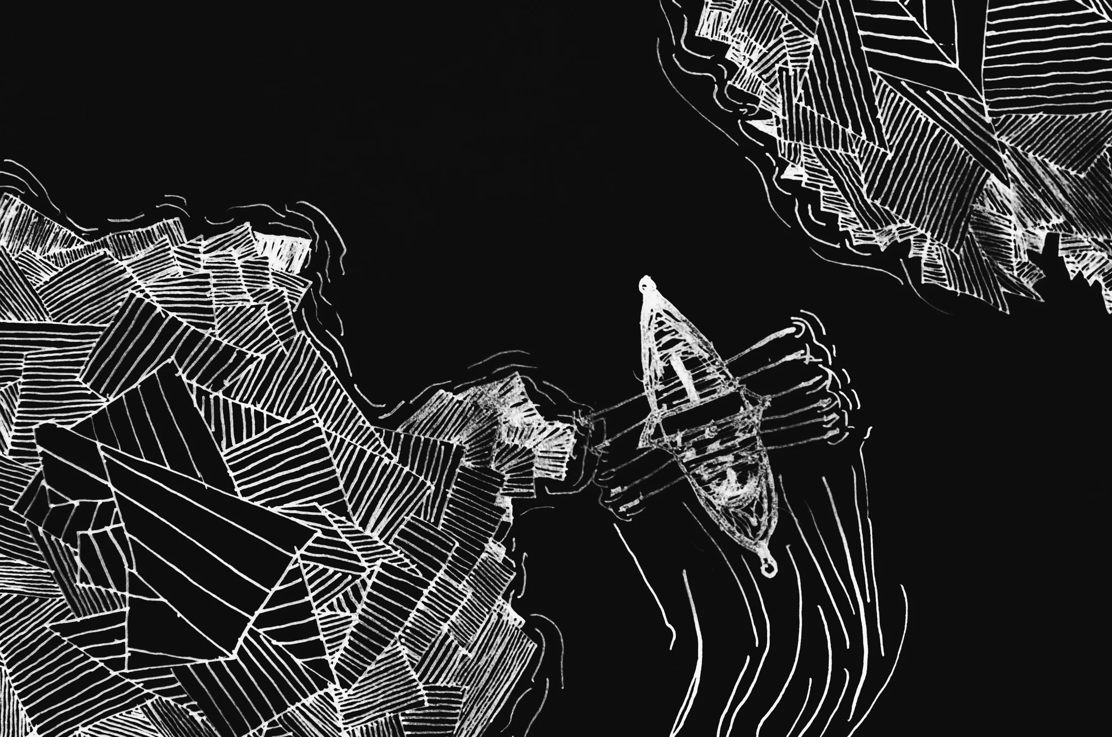 Scratchboard drawing: a headland in hatched white line, a small hull passing below it
