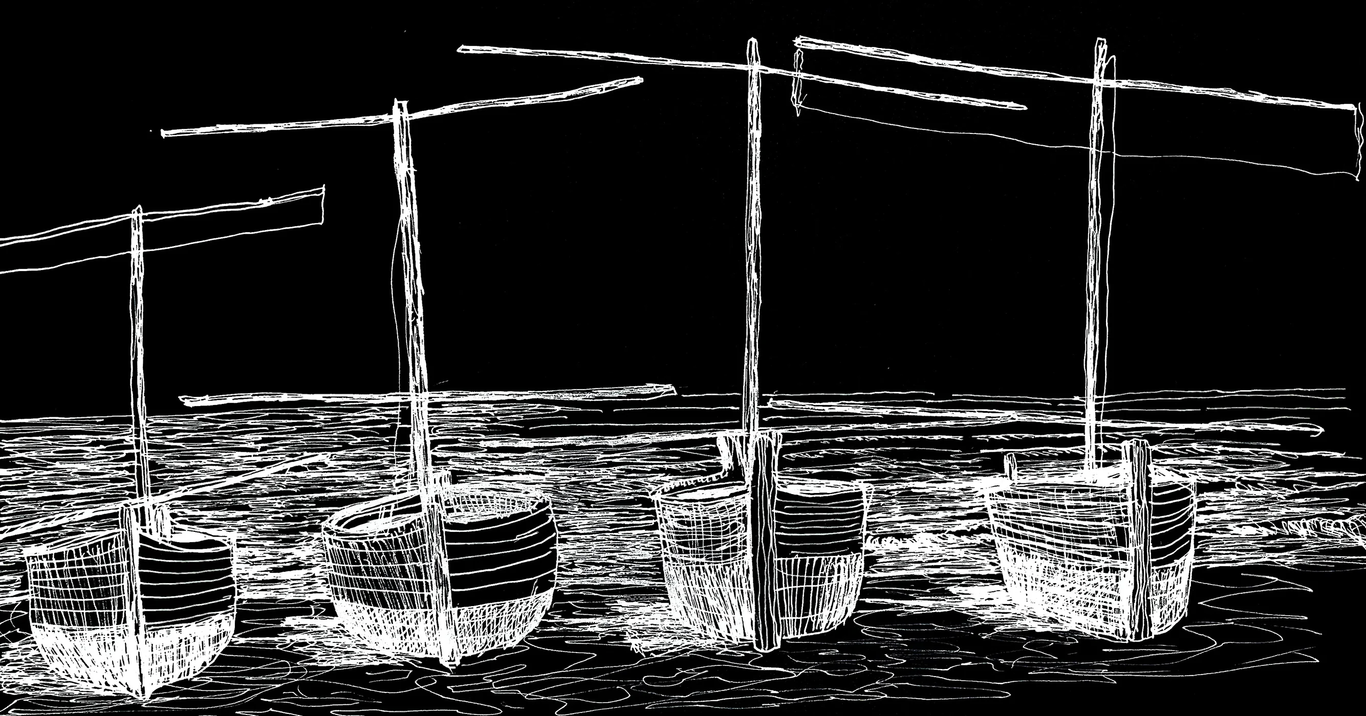 White line drawing on black: four hulls at anchor, masts and yards against an open sea