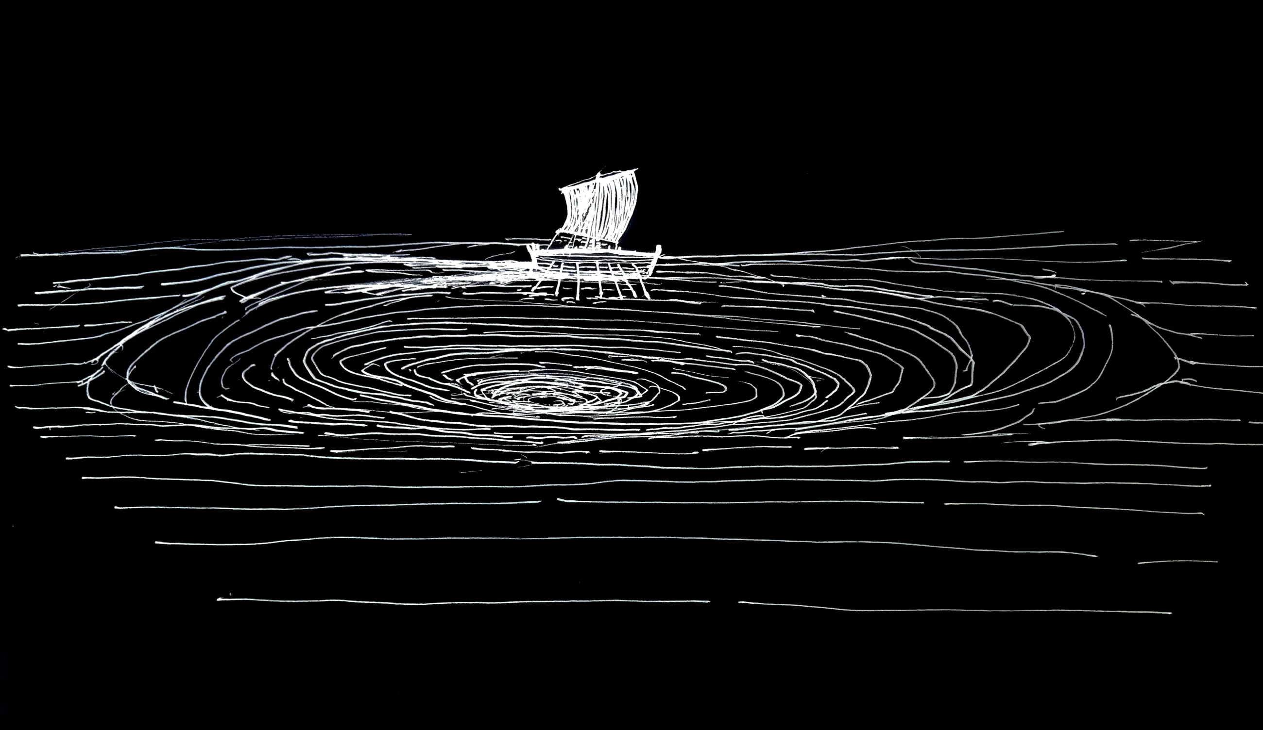 A single ship at the edge of a wide whirlpool, the sea drawn in white line on black